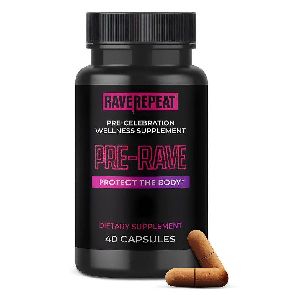 Rave Repeat pre-rave supplement bottle front supports energy and jaw comfort before events.