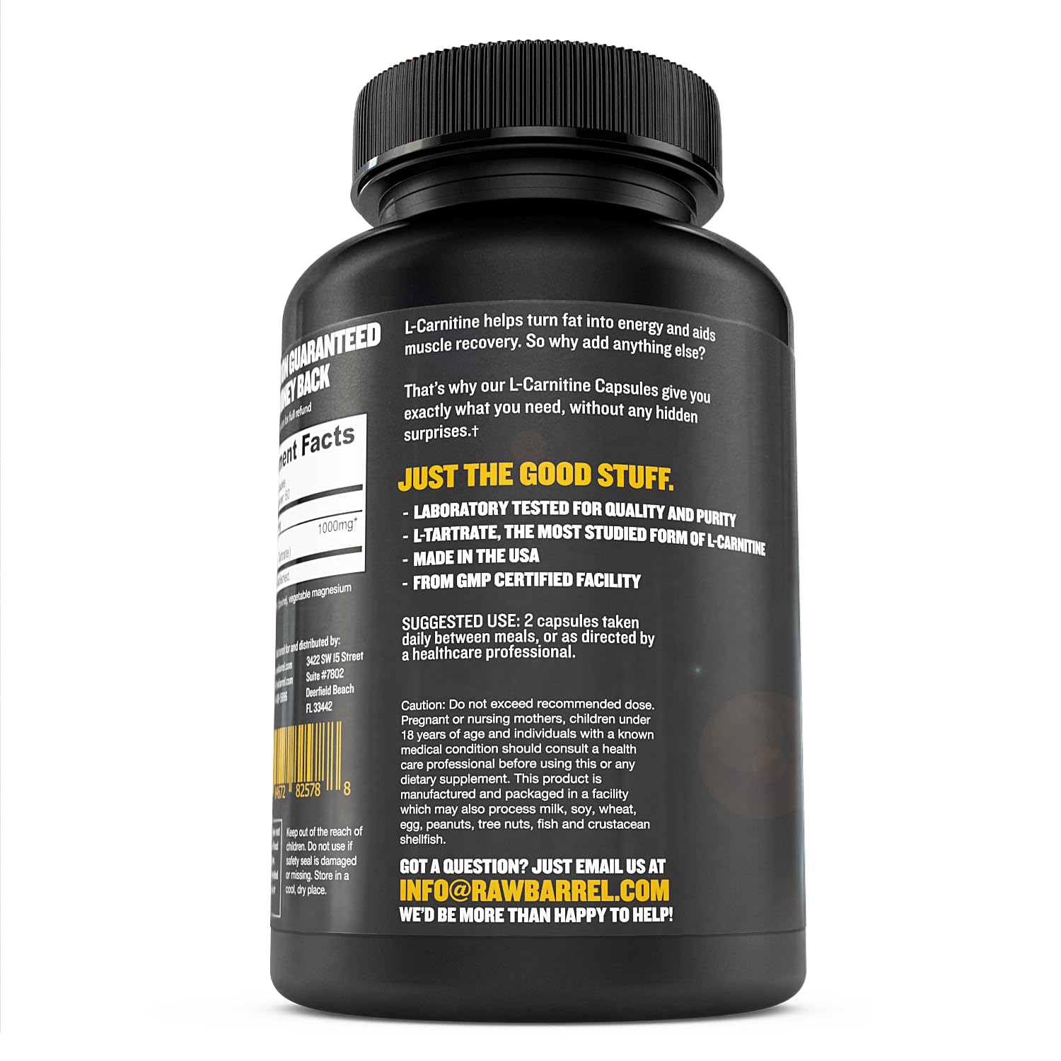 Raw Barrel No Bull L-Carnitine produced in a USA GMP facility for quality.