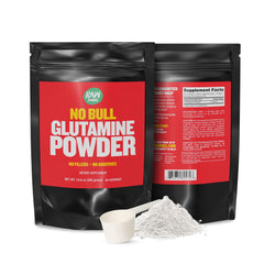 Raw Barrel No Bull L-Glutamine bottle front highlights purity and vegan-friendly traits.