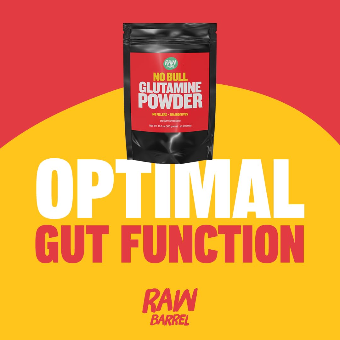 Raw Barrel No Bull L-Glutamine micronized powder dissolves quickly for pre- or post-workout mixes.
