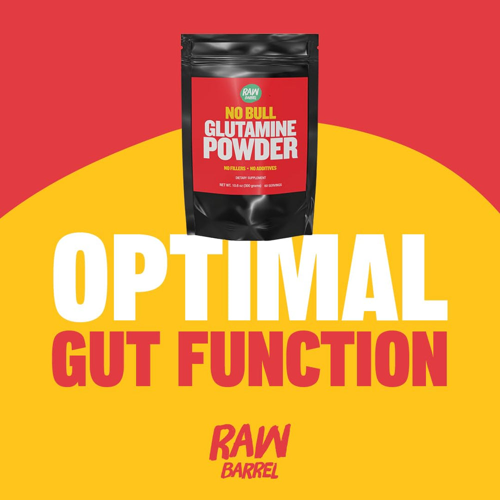 Raw Barrel No Bull L-Glutamine micronized powder dissolves quickly for pre- or post-workout mixes.