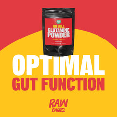Raw Barrel No Bull L-Glutamine micronized powder dissolves quickly for pre- or post-workout mixes.