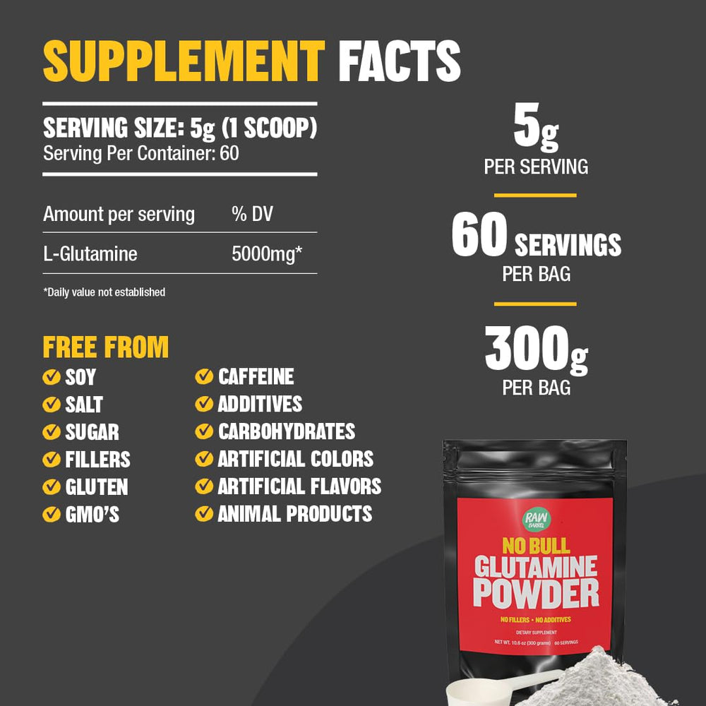 Raw Barrel No Bull L-Glutamine label confirms non-GMO and caffeine-free formula.