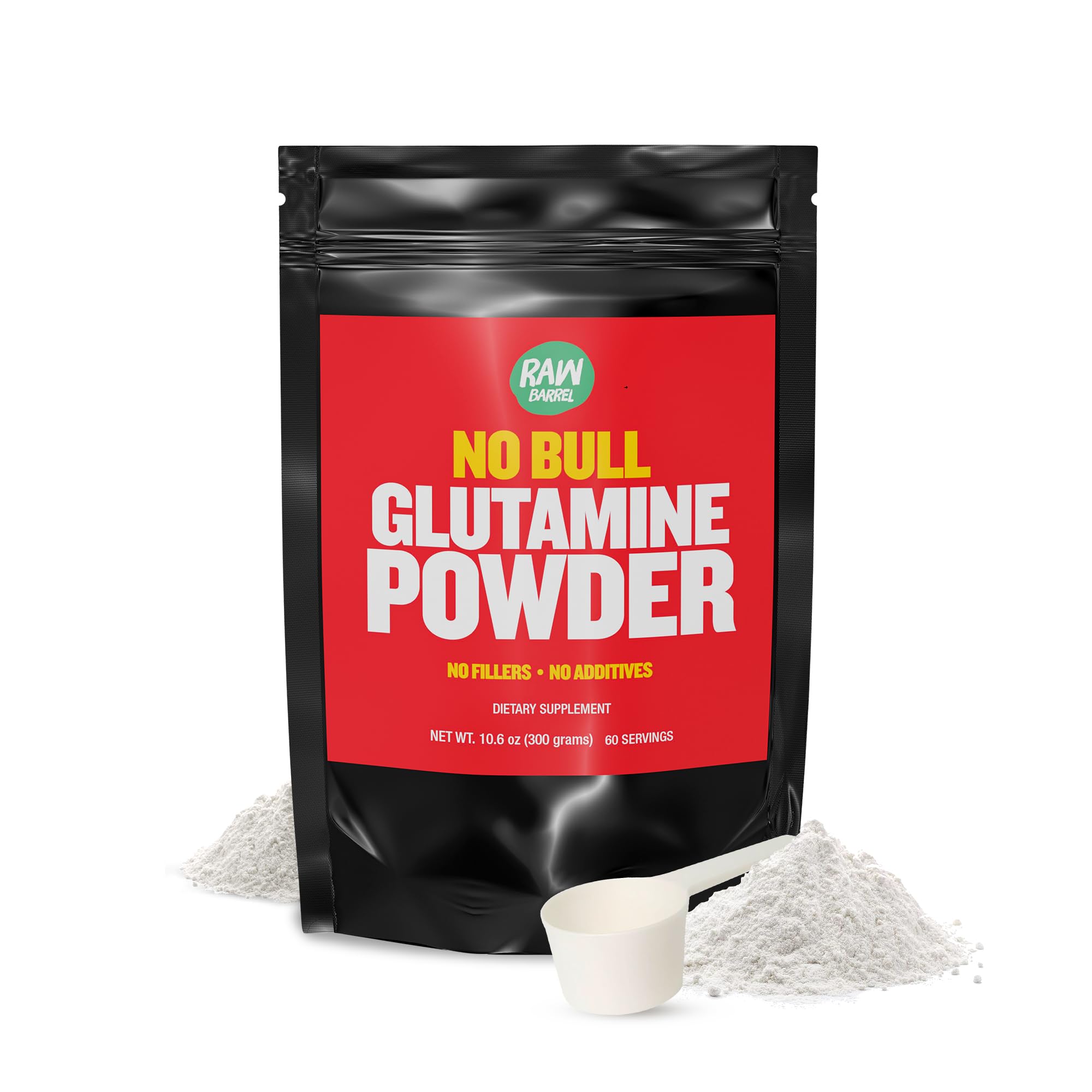 Raw Barrel No Bull L-Glutamine powder unflavored blends smoothly in any drink for convenient workouts.
