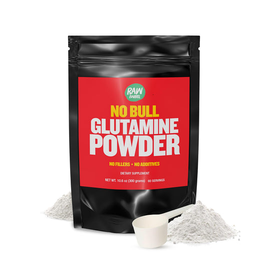 Raw Barrel No Bull L-Glutamine powder unflavored blends smoothly in any drink for convenient workouts.
