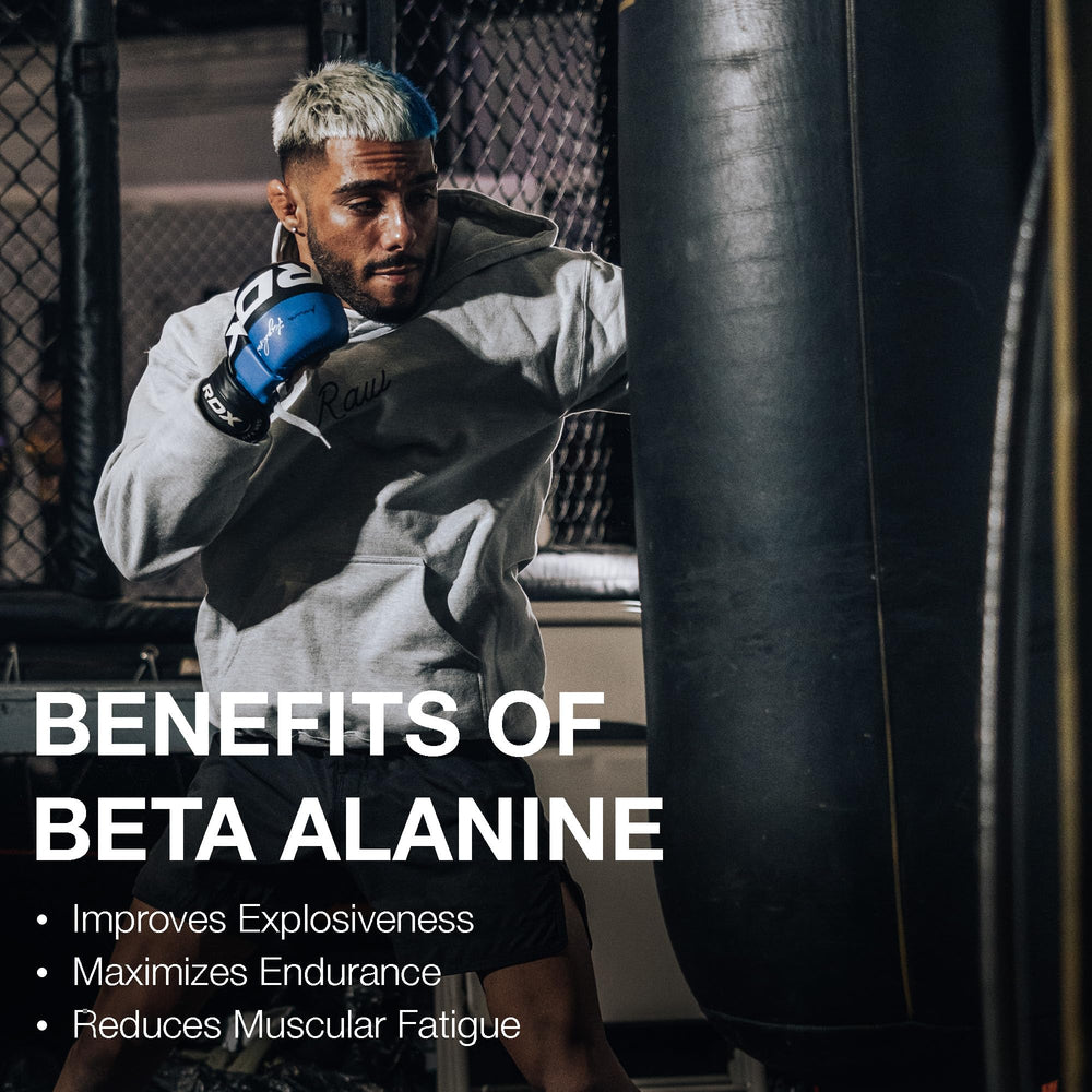 RAW Beta Alanine Powder packaging closeup emphasizes GMO-free formulation