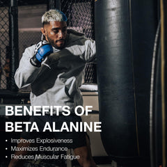 RAW Beta Alanine Powder packaging closeup emphasizes GMO-free formulation