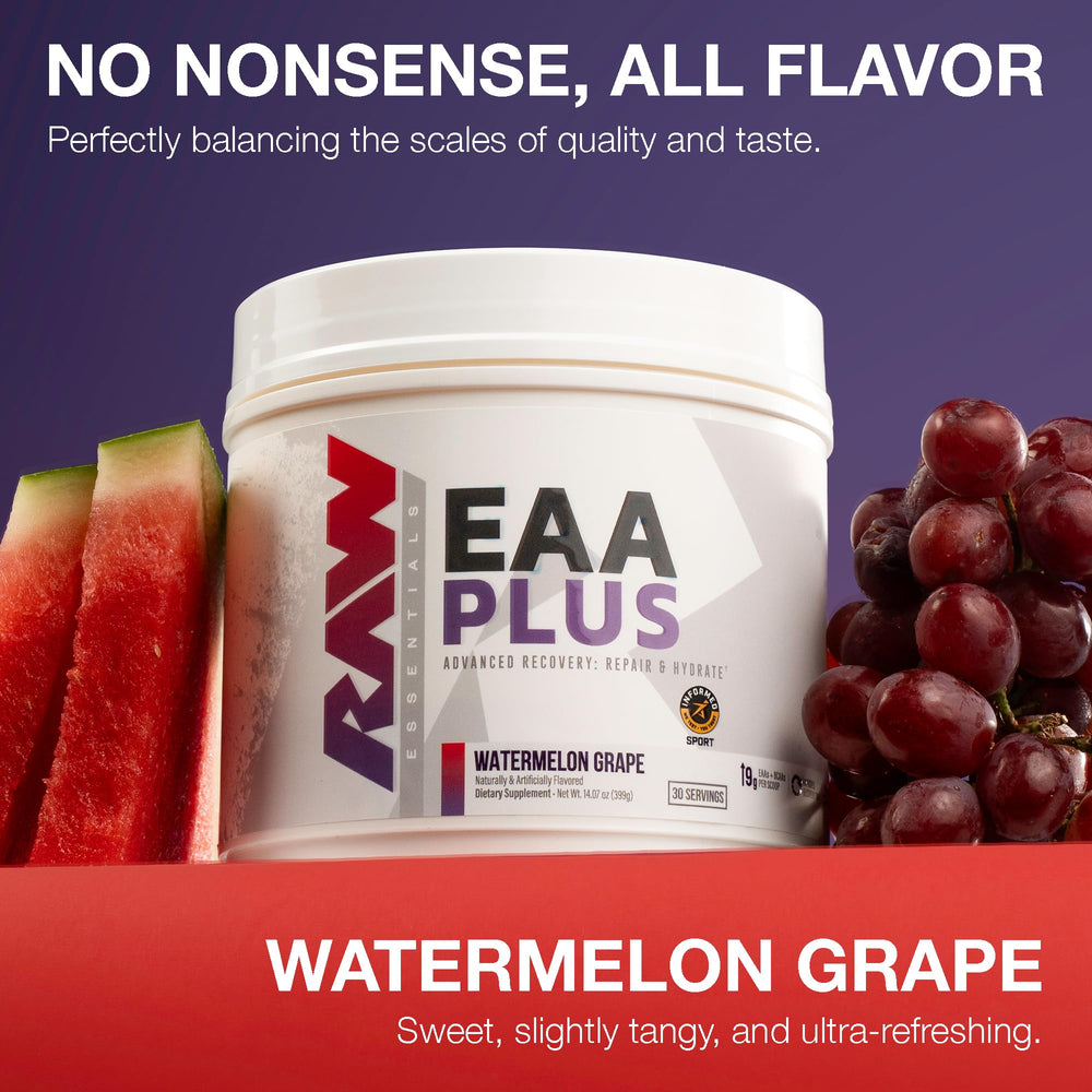 RAW EAA Plus glass with mixed powder showcases hydration and recovery potential.