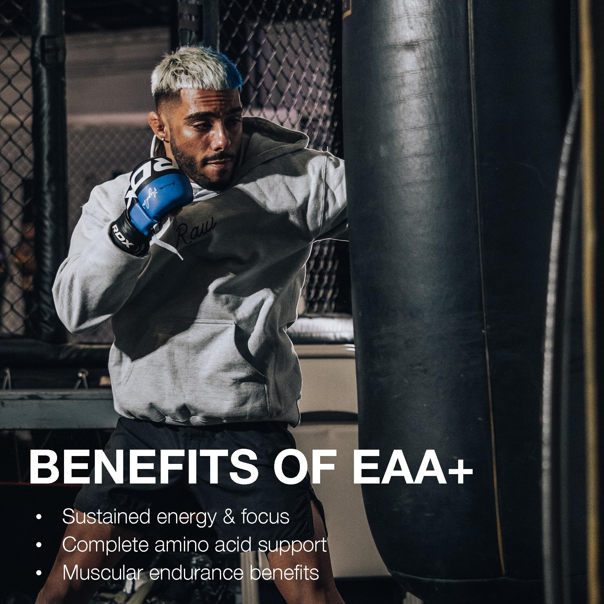 RAW EAA Plus ingredients close-up highlight the nine EAAs.