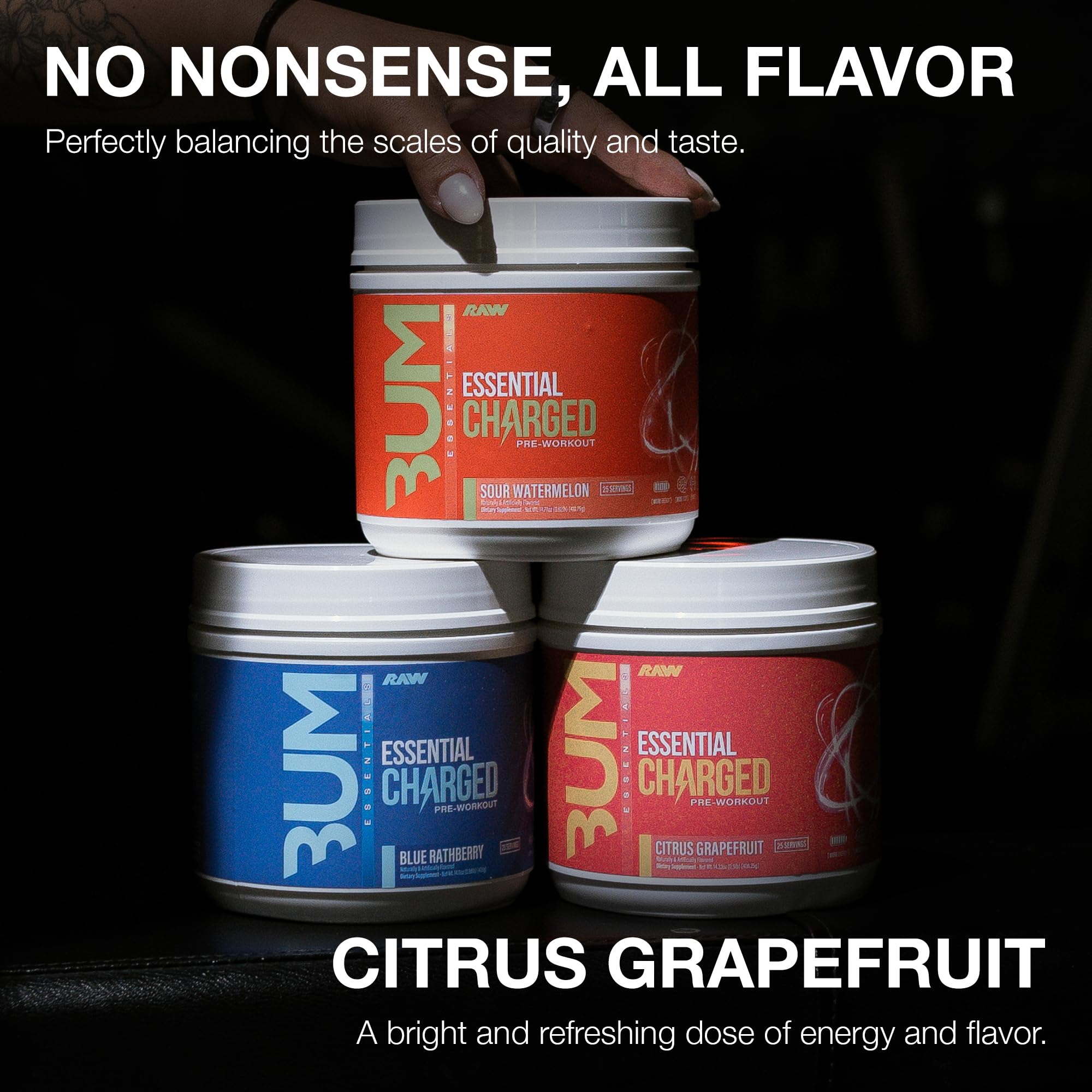 Front label of RAW Essential CHARGED highlights clean ingredients and caffeine blend