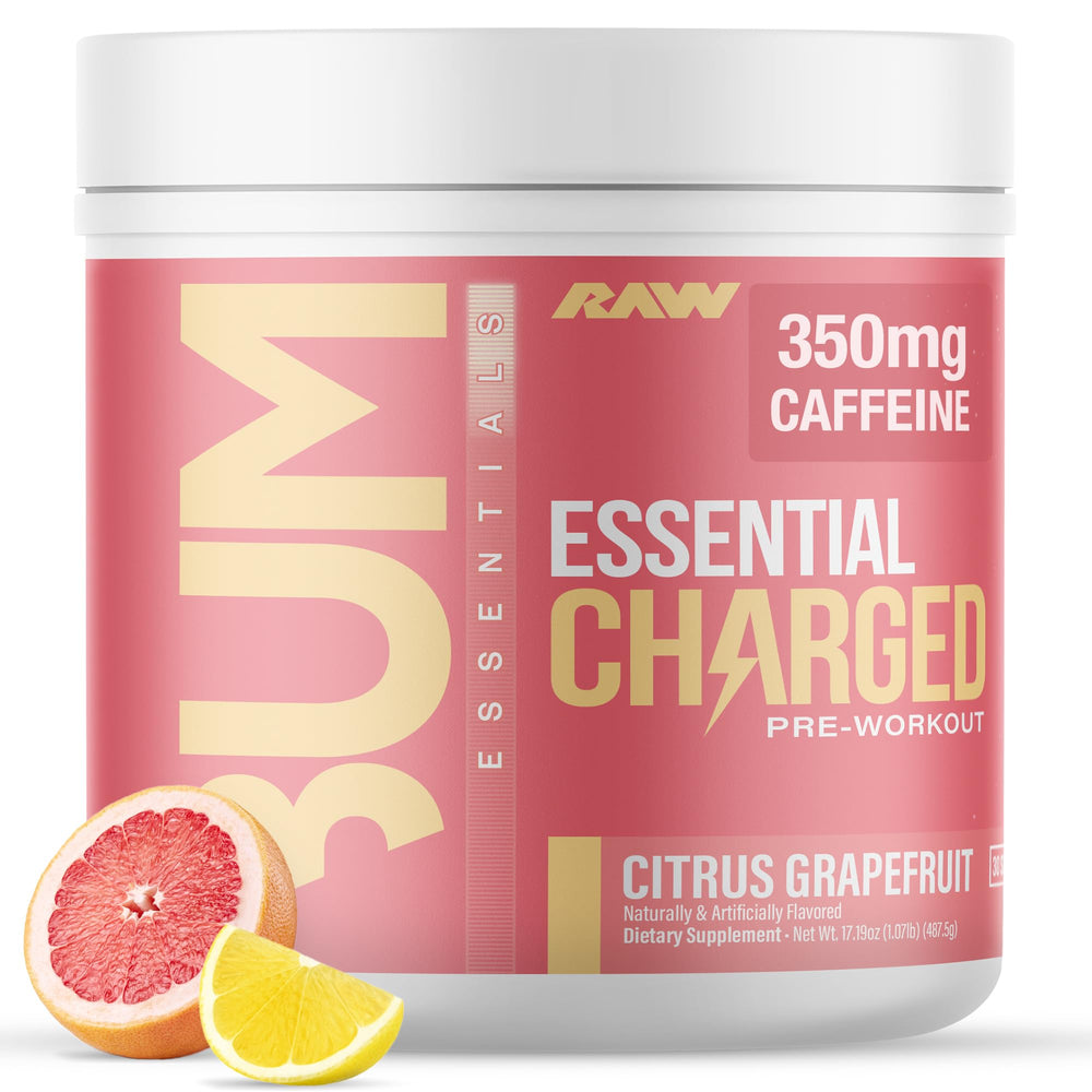 RAW Essential CHARGED powder in a citrus grapefruit tub boosts workout energy