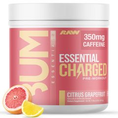 RAW Essential CHARGED powder in a citrus grapefruit tub boosts workout energy