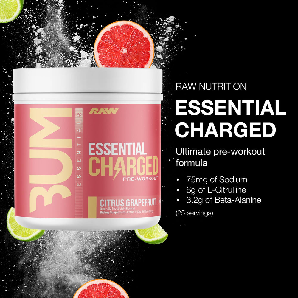 Close-up of RAW Essential CHARGED scoop signaling fast-acting focus for workouts