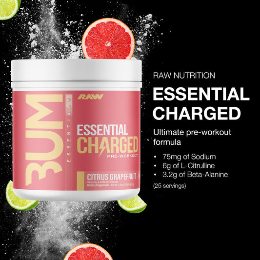 Close-up of RAW Essential CHARGED scoop signaling fast-acting focus for workouts