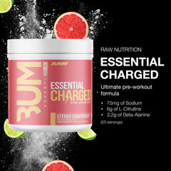 Close-up of RAW Essential CHARGED scoop signaling fast-acting focus for workouts