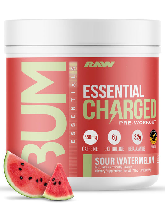 RAW Essential CHARGED Sour Watermelon bottle ready for a focused training session