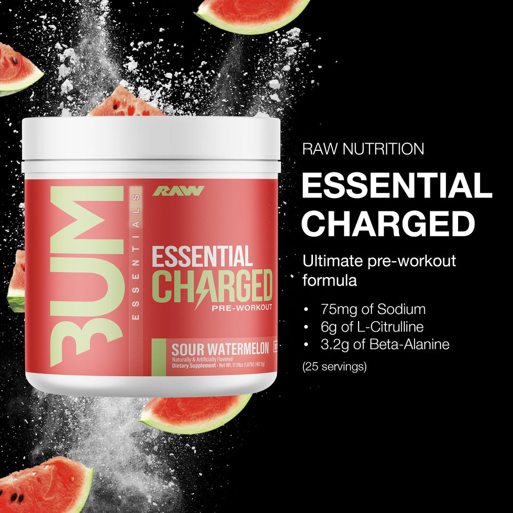 RAW Essential CHARGED Sour Watermelon tub shows premium ingredients for energized workouts