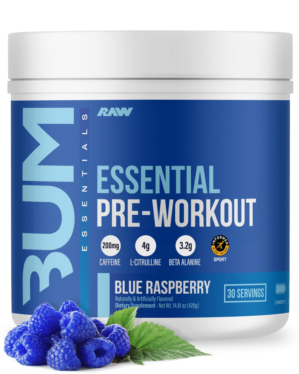 RAW Essential Pre blue raspberry tub labeled for high-energy workouts