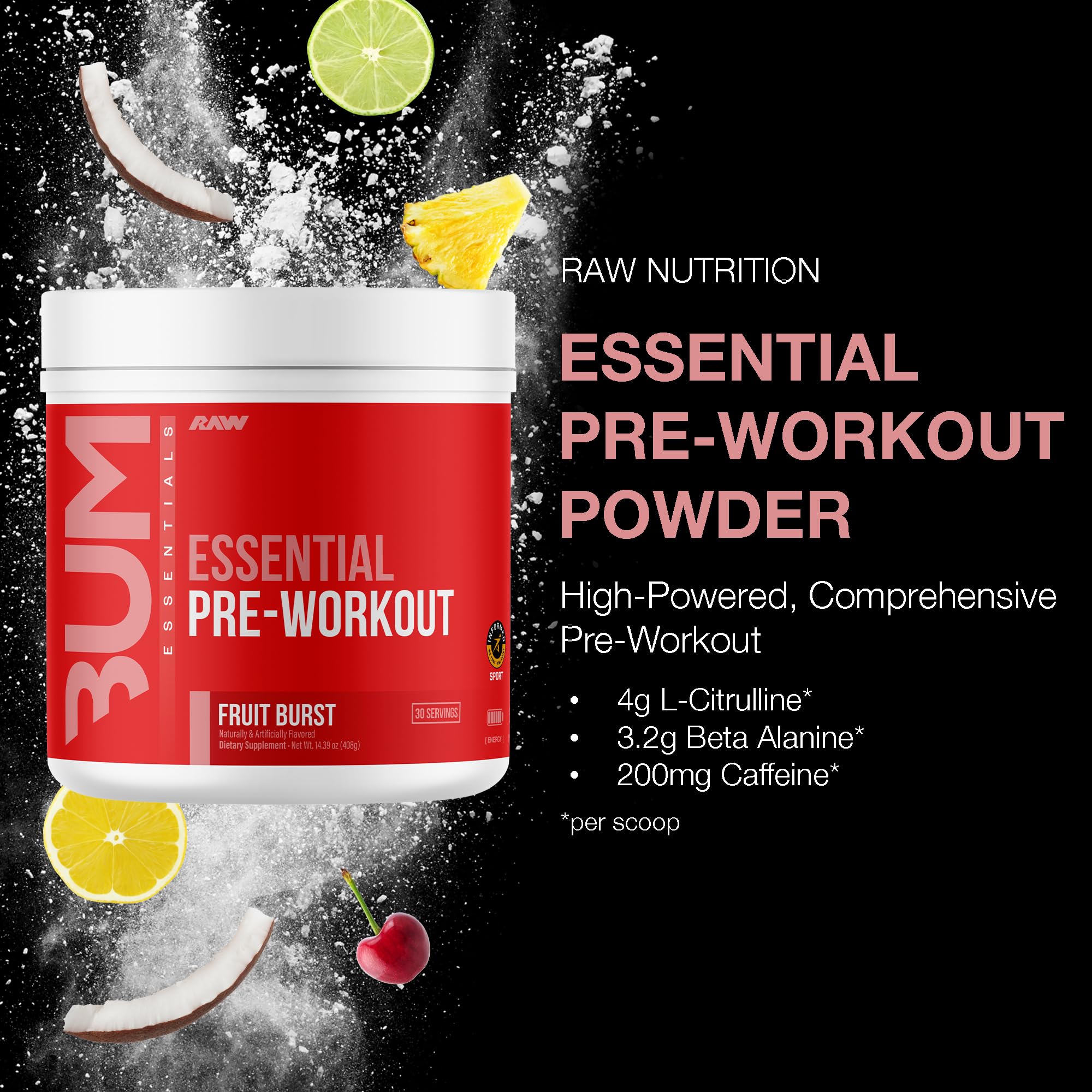 RAW Essential Pre-Workout Fruit Burst pour captured before training