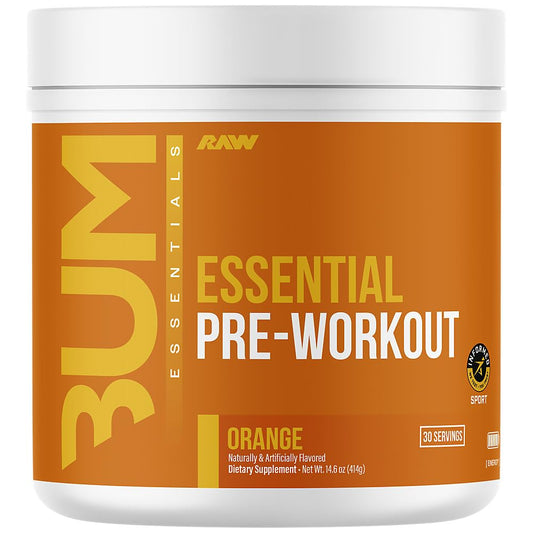 RAW Essential Pre-Workout Orange bottle ready for training, delivering energized focus and steady endurance.