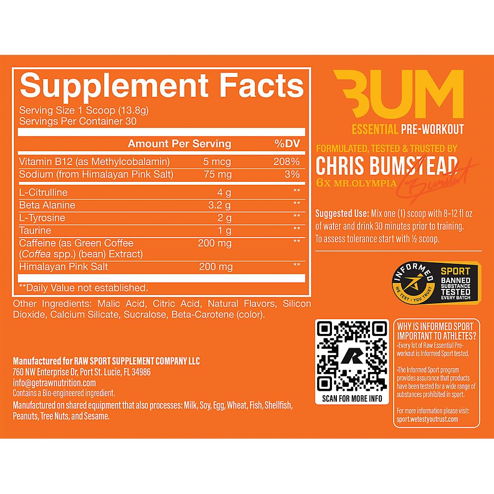 RAW Essential Pre-Workout orange powder scoop ready to mix for powerful workouts.