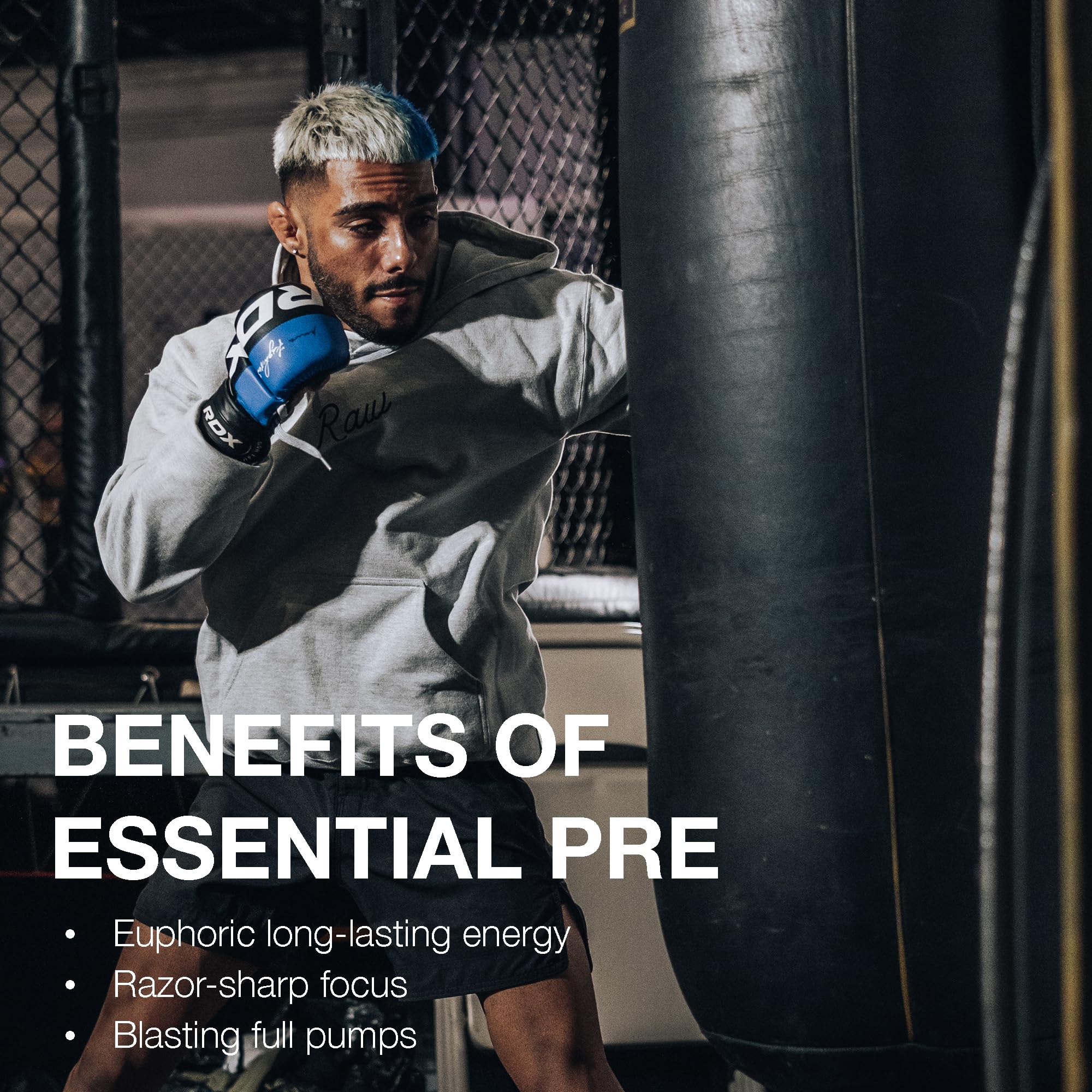 RAW Essential Pre-Workout powder beside gym barbell signaling pumps and extended focus.