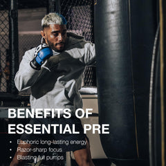 RAW Essential Pre-Workout powder beside gym barbell signaling pumps and extended focus.