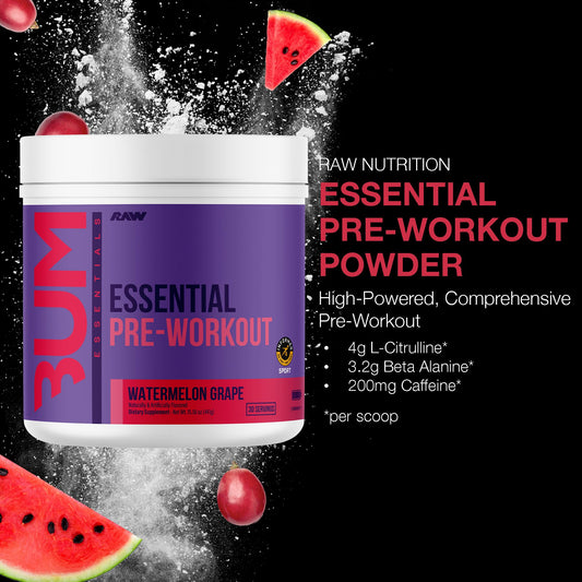 RAW Essential Pre-Workout scoop dissolving in water demonstrates easy mixing and quick use.