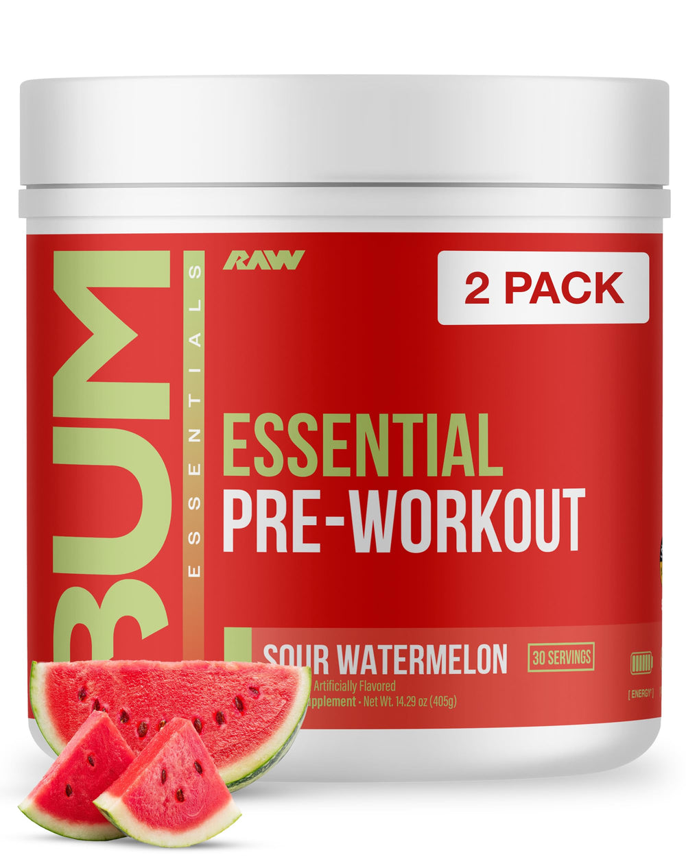 RAW Essential Pre-Workout Sour Watermelon bottle with 2-pack, designed for steady workout energy