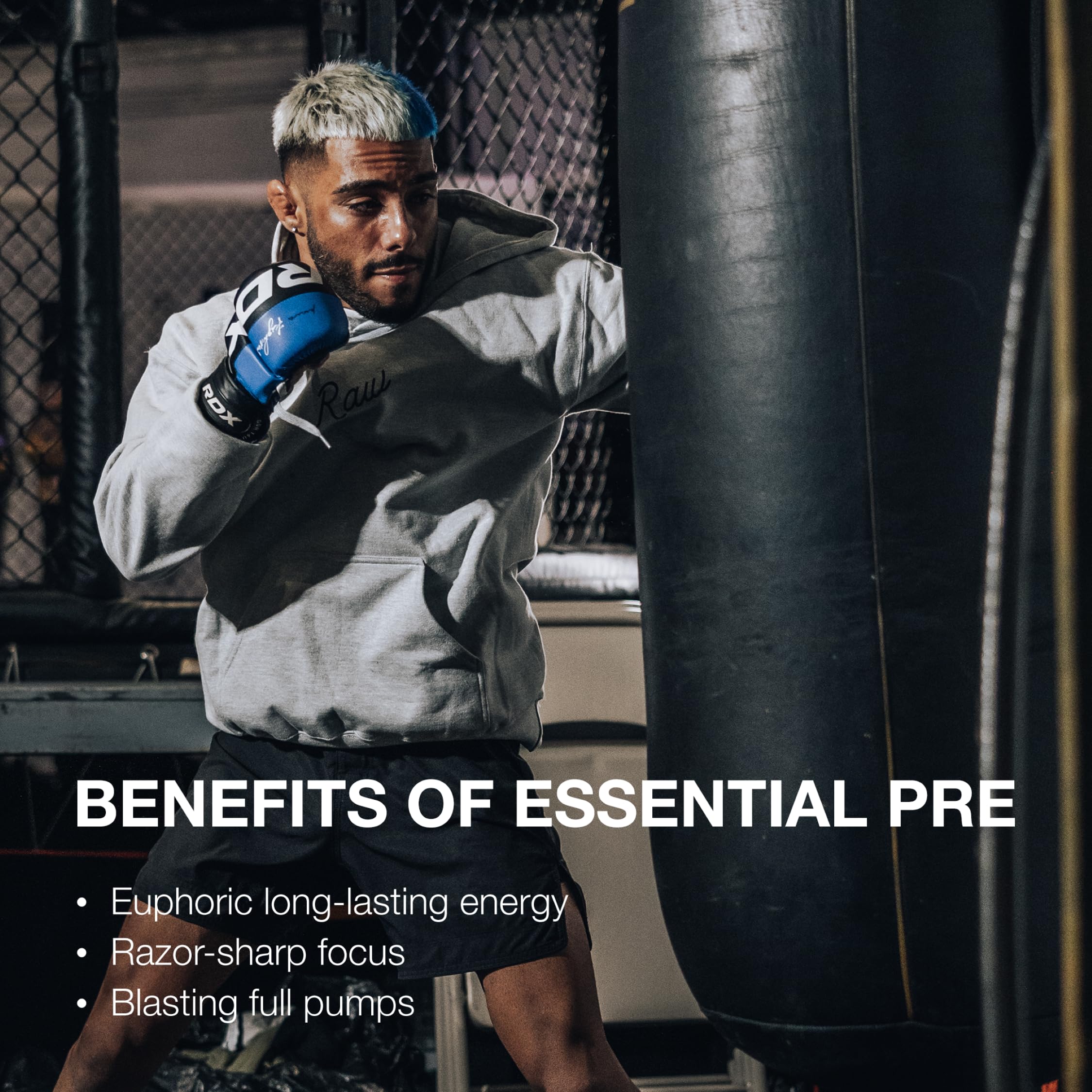 RAW Essential Pre-Workout Sour Watermelon label highlights caffeine, L-Citrulline, and Beta-Alanine