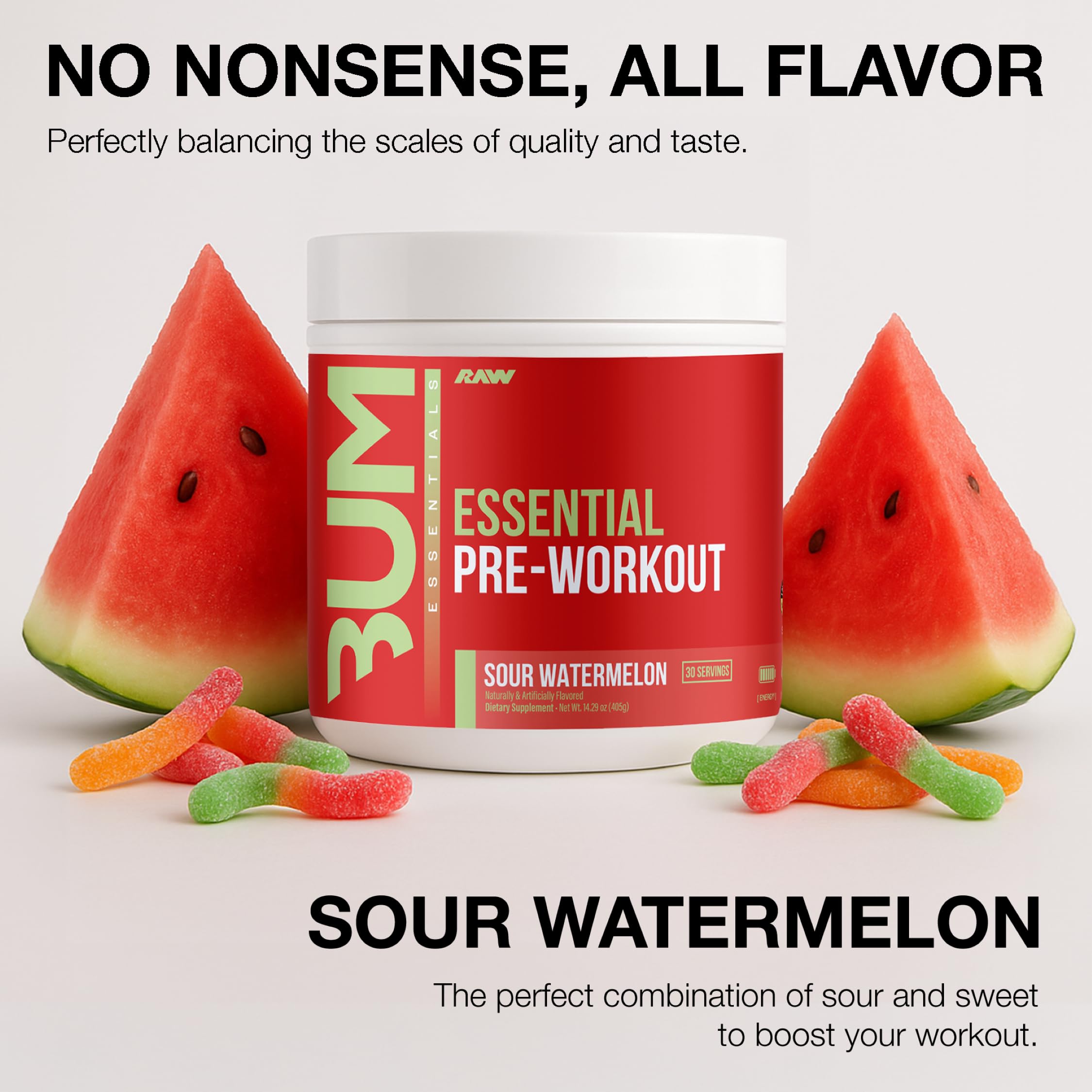 RAW Essential Pre-Workout powder close-up shows vibrant Sour Watermelon flavor