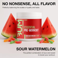 RAW Essential Pre-Workout powder close-up shows vibrant Sour Watermelon flavor