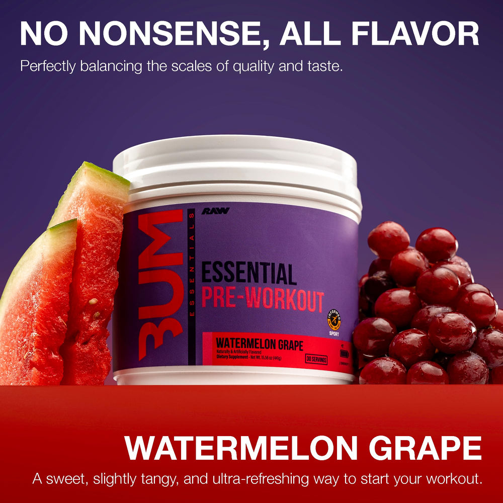 RAW Essential Pre-Workout Watermelon Grape poured into shaker for a refreshing training session.