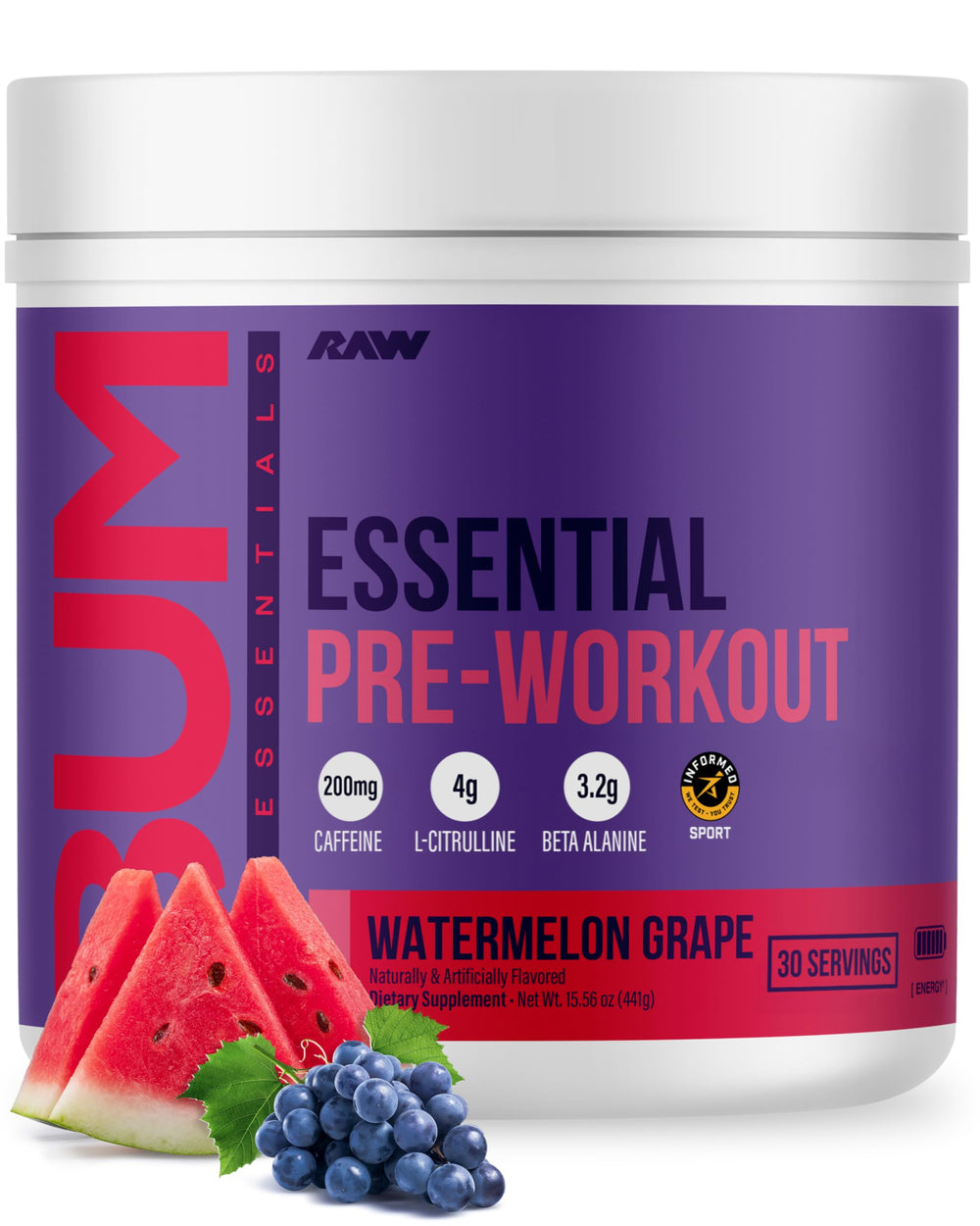 RAW Essential Pre-Workout Watermelon Grape tub front view for vibrant energy and focus.