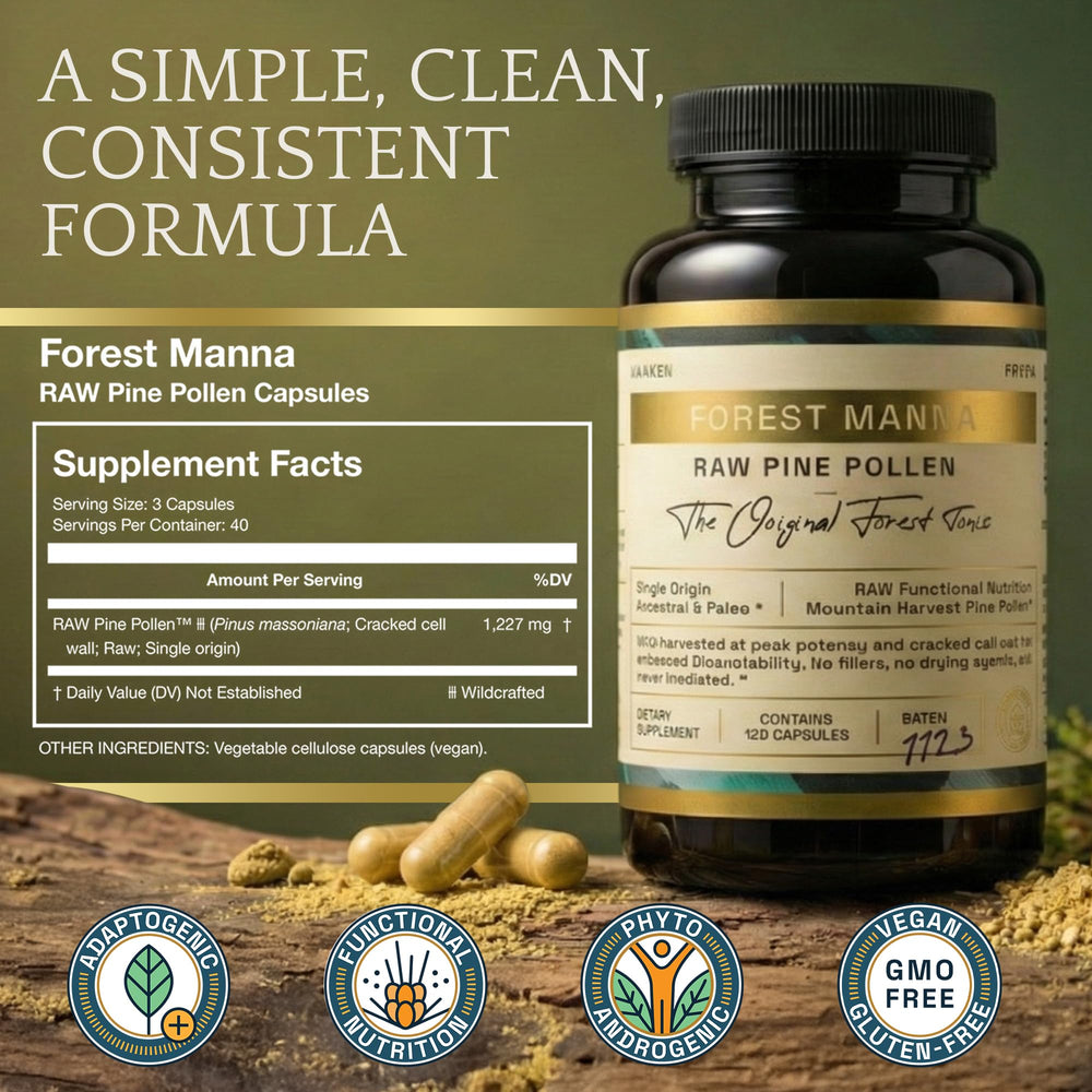 RAW Forest Foods Forest Manna capsules in hand suggest simple daily ritual