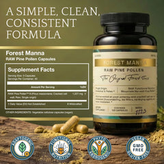 RAW Forest Foods Forest Manna capsules in hand suggest simple daily ritual