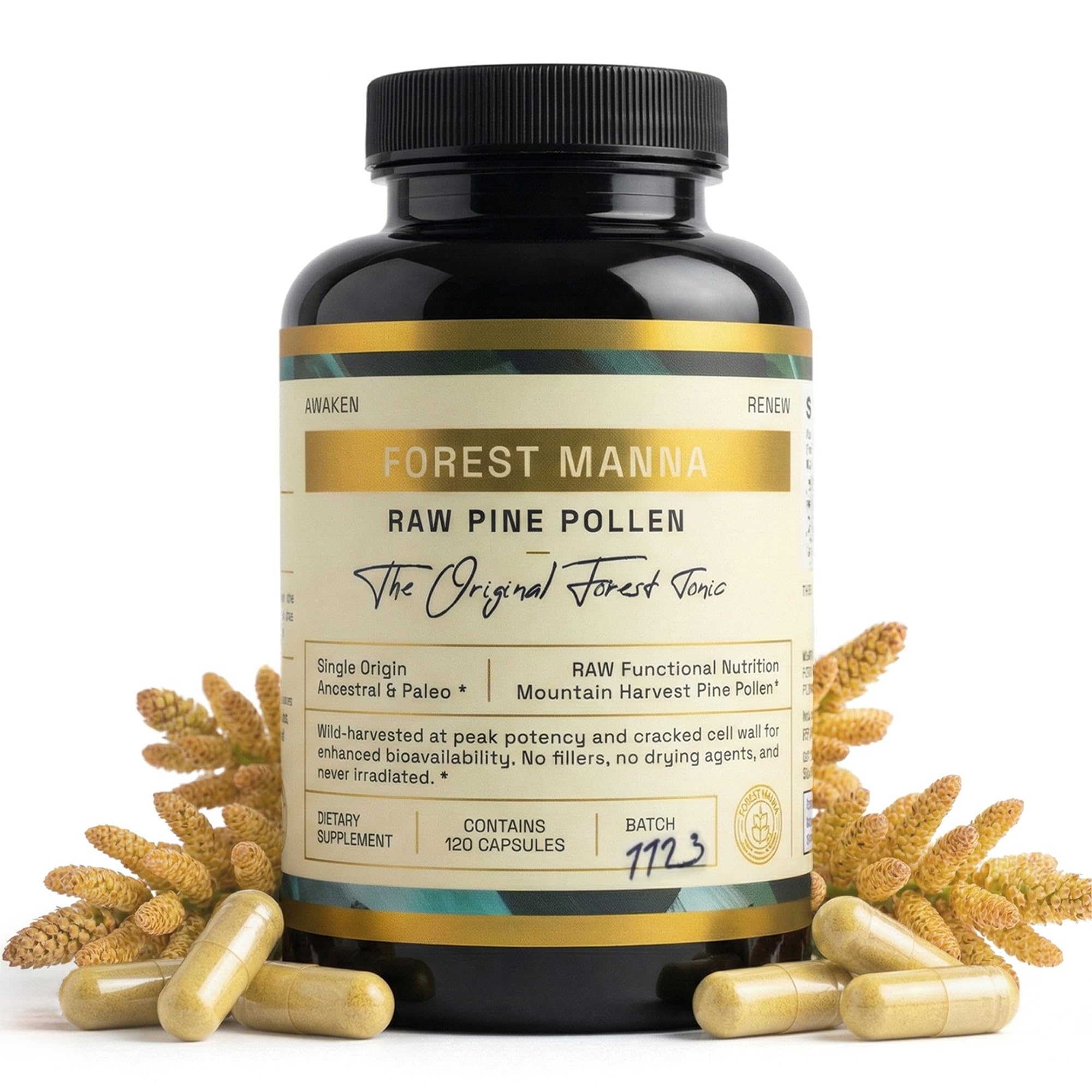 RAW Forest Foods Forest Manna pine pollen capsules bottle for daily vitality