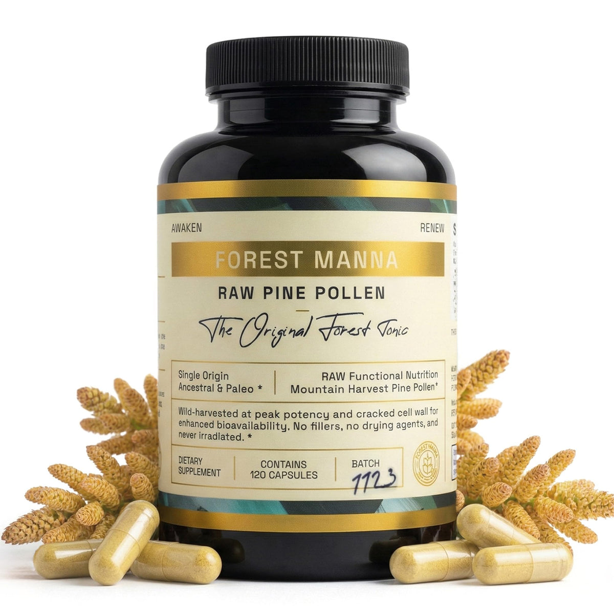 RAW Forest Foods Forest Manna pine pollen capsules bottle for daily vitality