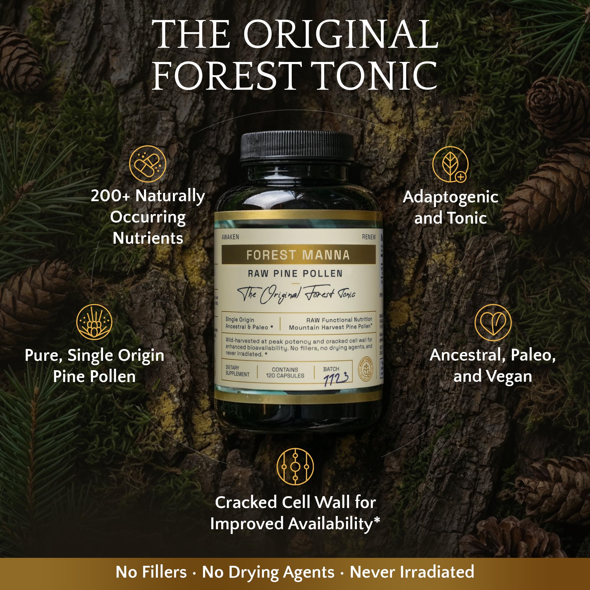 RAW Forest Foods Forest Manna label emphasizes single-origin pine pollen for purity