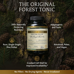 RAW Forest Foods Forest Manna label emphasizes single-origin pine pollen for purity