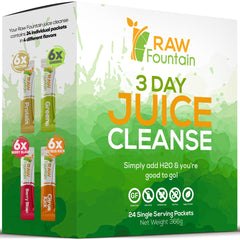 Raw Fountain 3 Day Juice Cleanse packets arranged for travel detox and convenience