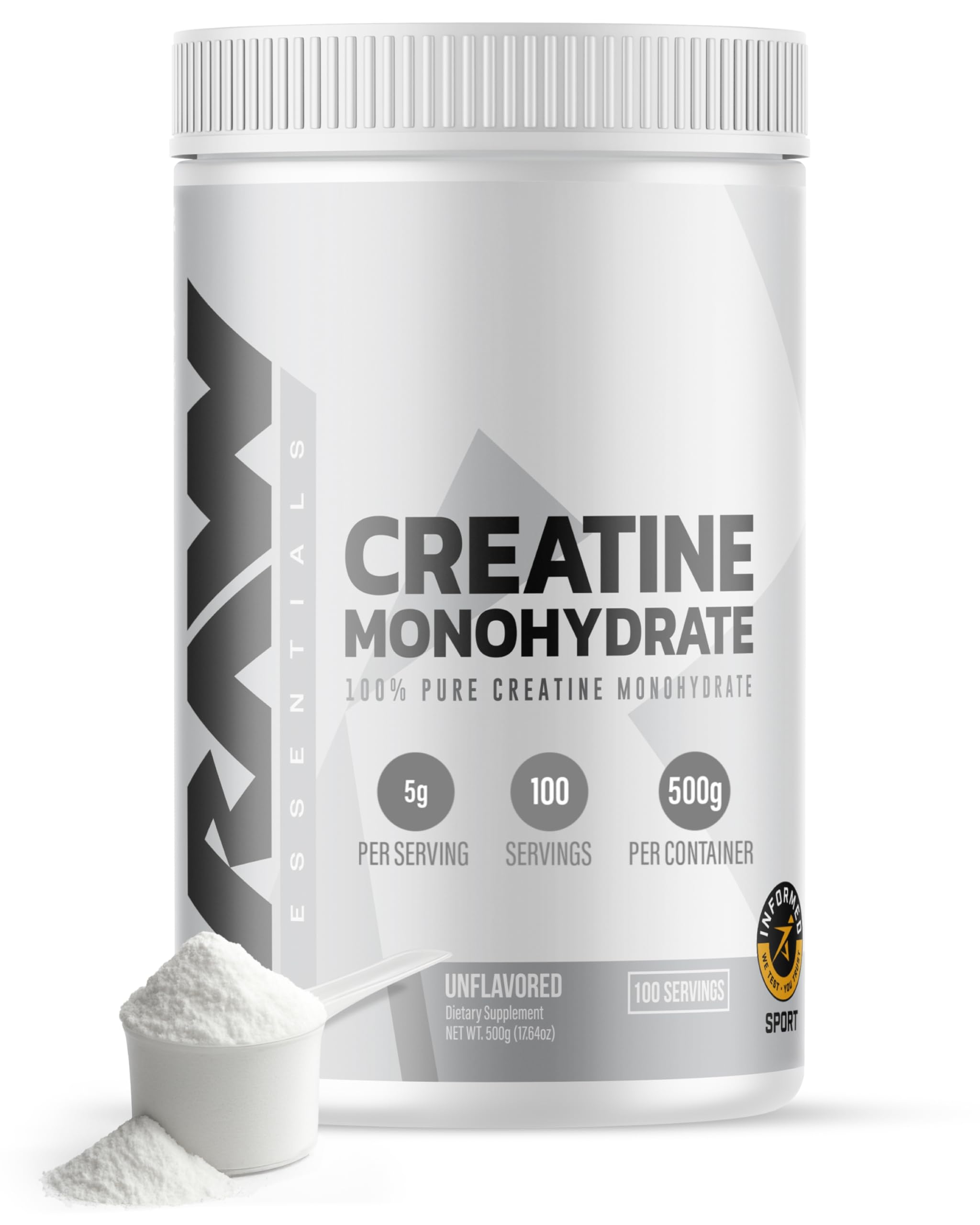 RAW Nutrition creatine monohydrate powder container front shows pure formula for muscle energy.