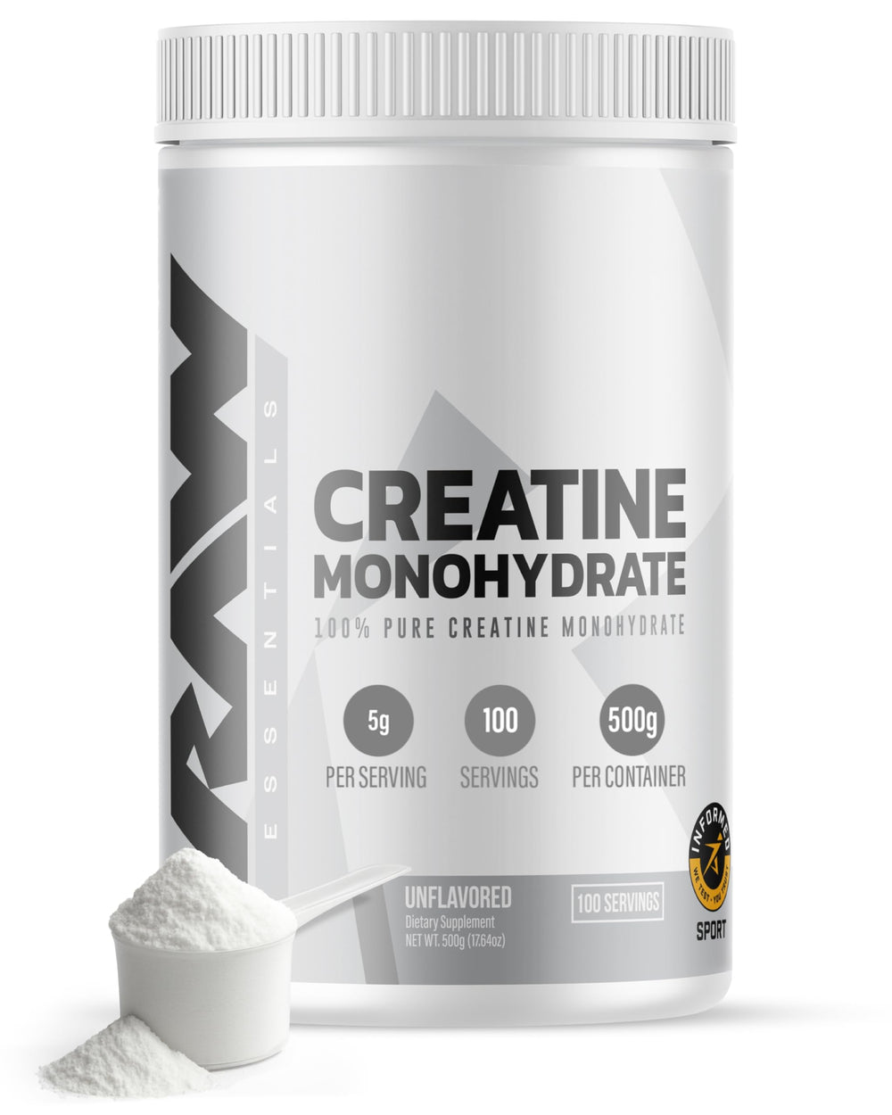 RAW Nutrition creatine monohydrate powder container front shows pure formula for muscle energy.