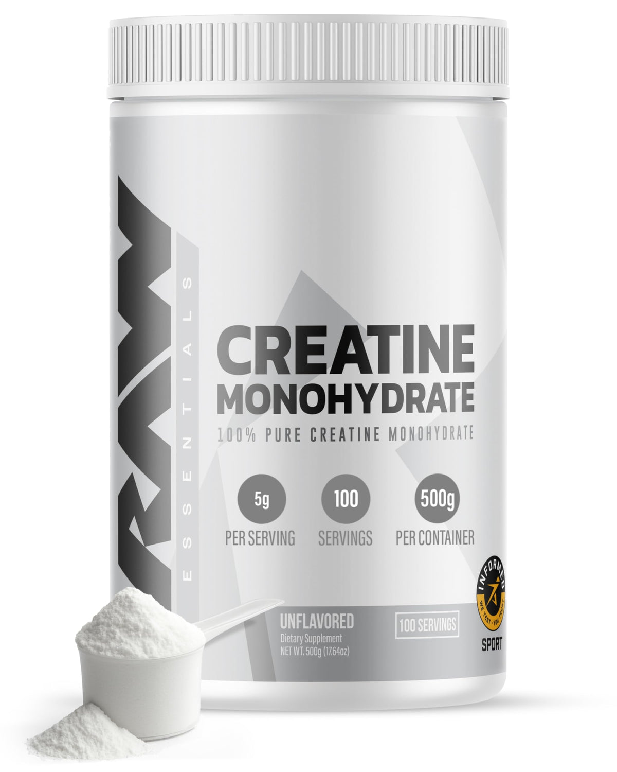 RAW Nutrition creatine monohydrate powder container front shows pure formula for muscle energy.