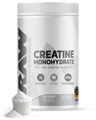 RAW Nutrition creatine monohydrate powder container front shows pure formula for muscle energy.