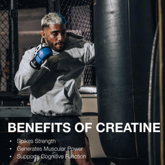 RAW Nutrition creatine monohydrate powder jar with scoop illustrates daily serving.