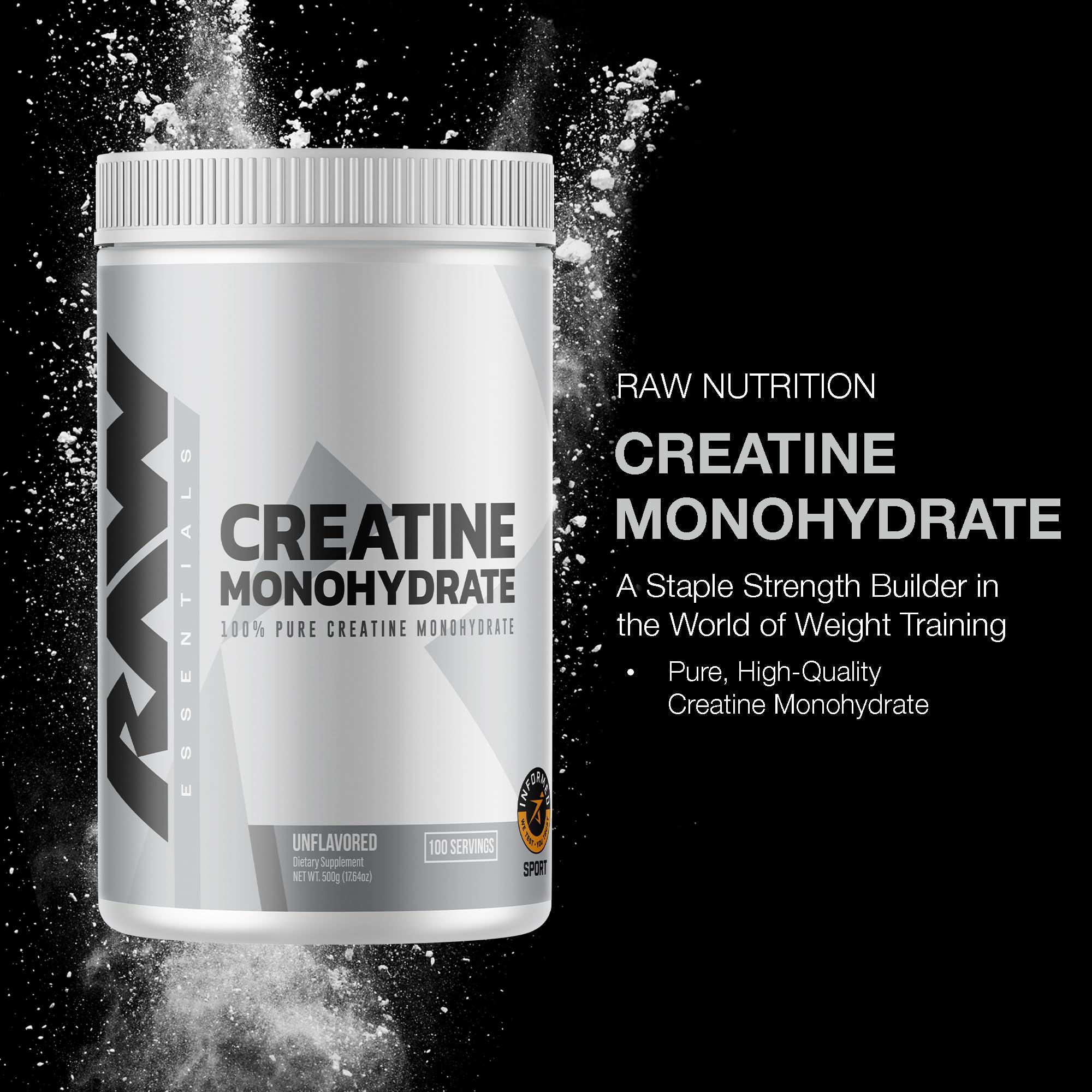 RAW Nutrition creatine monohydrate label close-up highlights purity and quality ingredients.