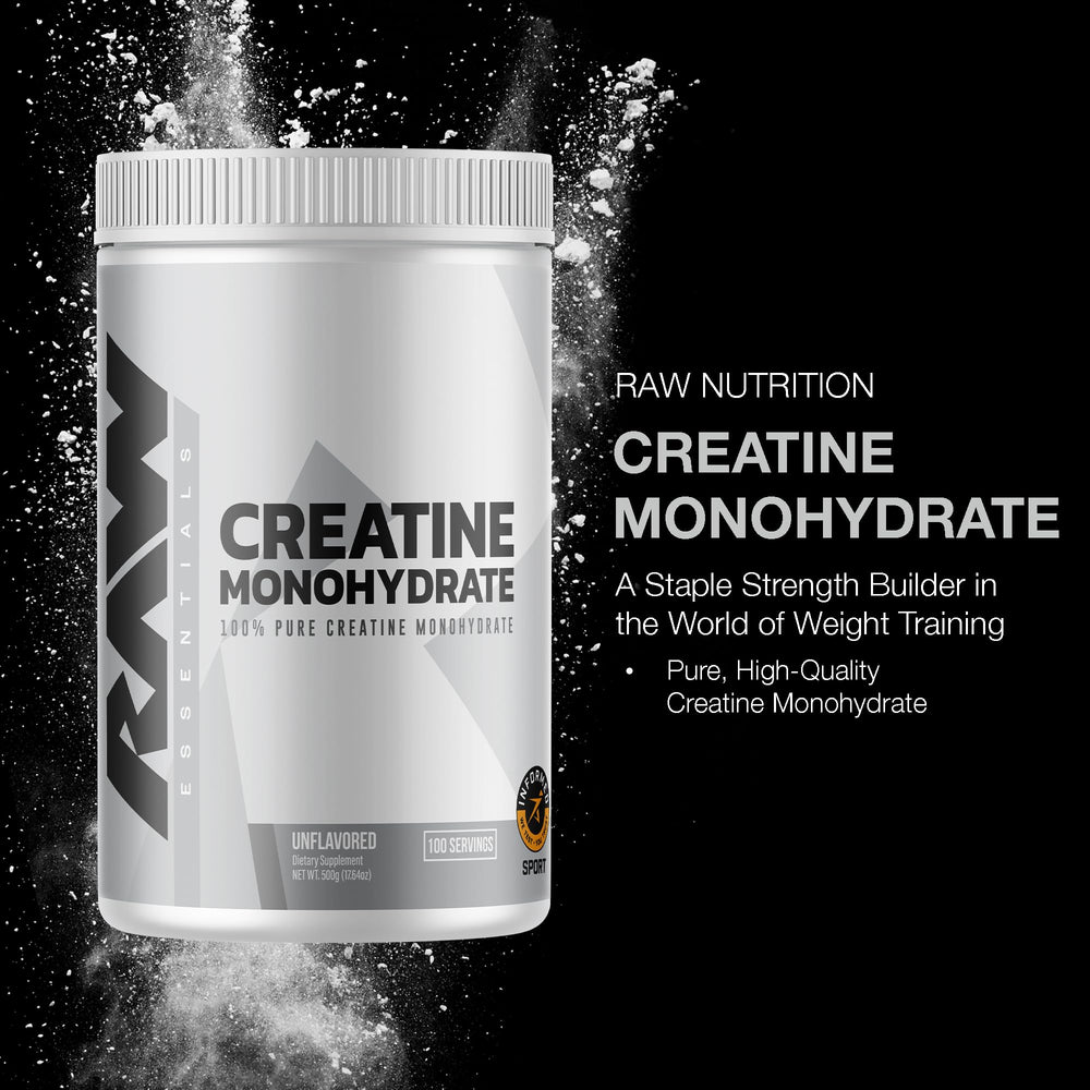 RAW Nutrition creatine monohydrate label close-up highlights purity and quality ingredients.