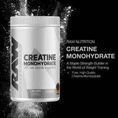 RAW Nutrition creatine monohydrate label close-up highlights purity and quality ingredients.