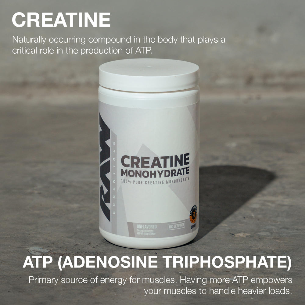 RAW Nutrition creatine monohydrate powder scoop in a glass demonstrates easy mixing.
